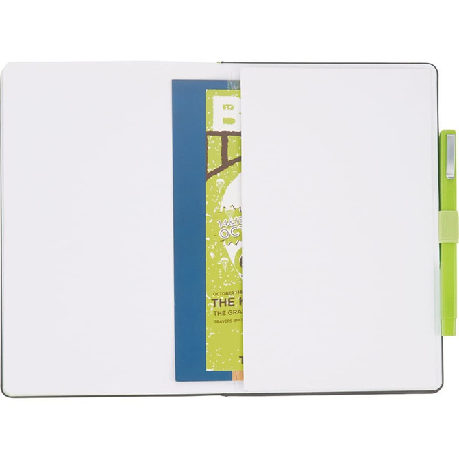 An open notebook with a green pen, featuring a pocket on one side and additional coloured papers inside.