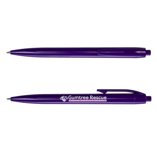 A purple plastic pen with a clip and a branding logo. The pen is streamlined and features a refillable ballpoint tip.