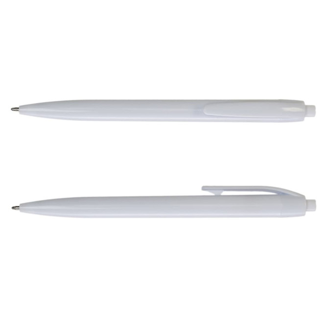 A collection of white plastic pens, featuring smooth designs and clips for easy attachment.