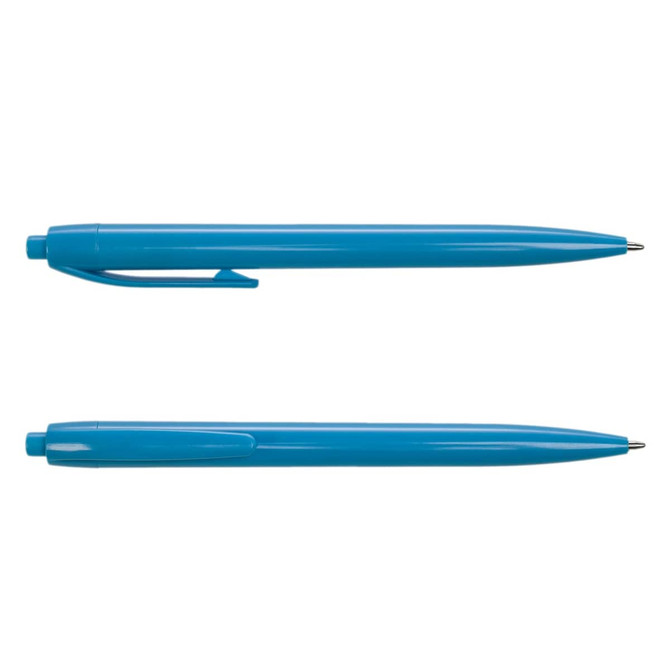 A blue plastic pen featuring a sleek design and a clip. The image displays two angles of the pen.