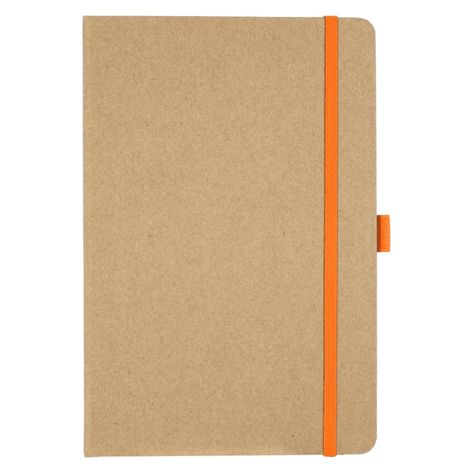 A tan journal with an orange elastic band closure and a bookmark. It has a simple, minimalist design.