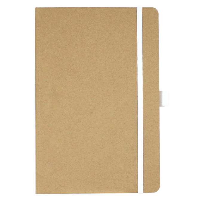 A brown journal with a white band and a closure tab, featuring a smooth cover and a simple design.