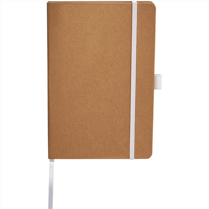 A brown journal with a white elastic band and ribbon bookmark. It features a logo on the cover.
