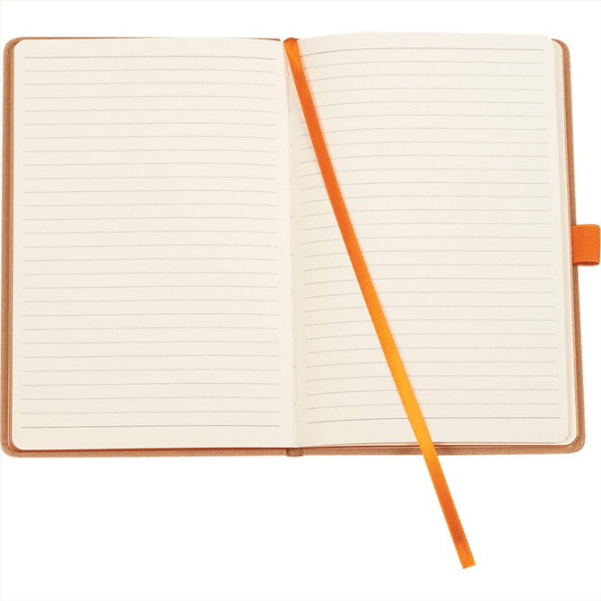A Colour Bound JournalBook with a brown cover, featuring lined pages and an orange ribbon marker.