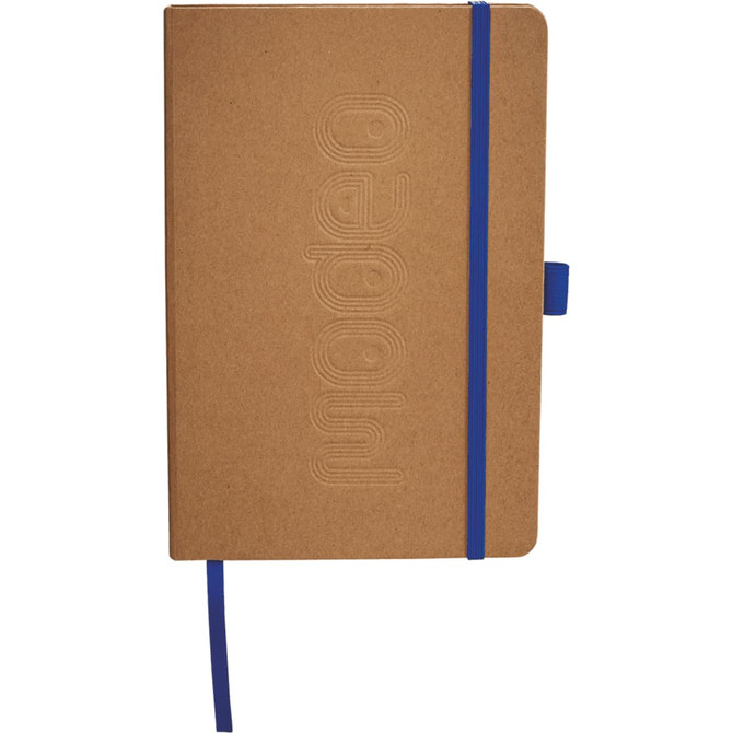 A tan notebook with a blue elastic band and ribbon bookmark. Features embossed branding on the front cover.