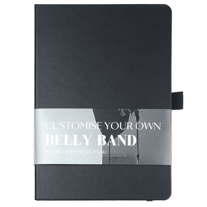 A black notebook with blank pages and a belly band for customisation. It has an elastic closure.