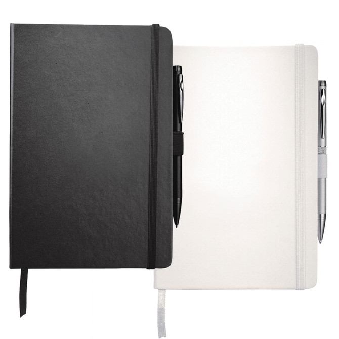 Two Nova Bound JournalBooks with blank pages, one black and one white, each with a pen attached.
