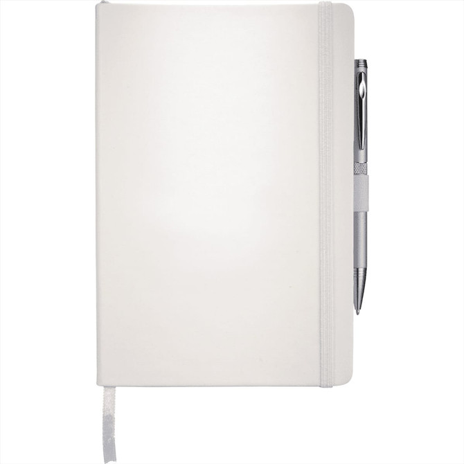 A white journal with blank pages and a silver pen attached. It has a sleek, minimal design and an elastic band closure.