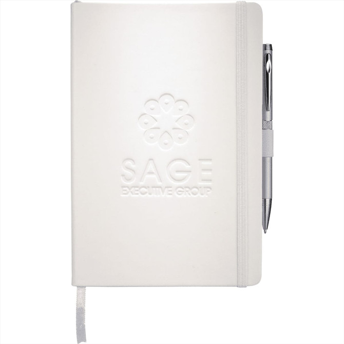 A white notebook with blank pages, featuring a pen attached and an embossed logo on the cover.