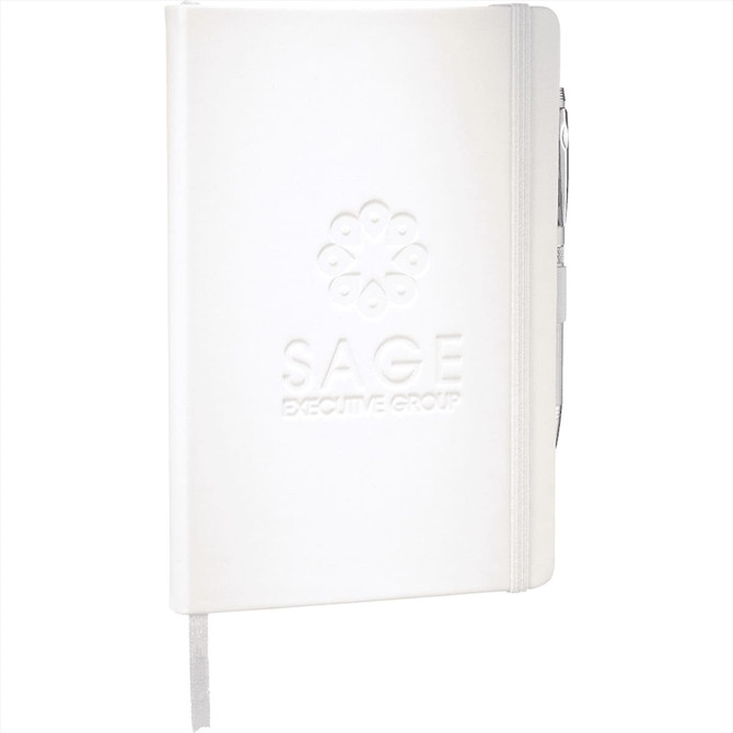 A white Nova Bound JournalBook with blank pages, featuring a logo and a silver pen attached.