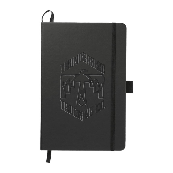 A black A5 journal with an embossed logo, featuring an elastic band and a ribbon marker.