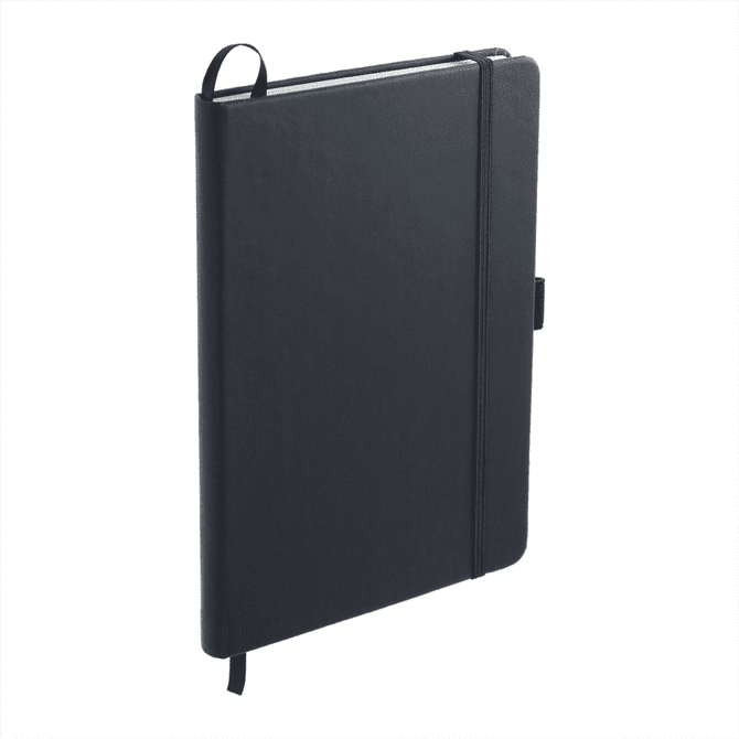 A black A5 notebook with a sleek cover, elastic closure, and a ribbon bookmark. It includes a logo on the front.