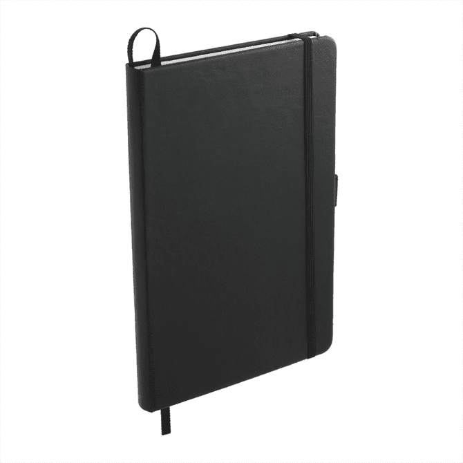 A black A5 journal with a strap closure and a ribbon bookmark, featuring a logo on the cover.