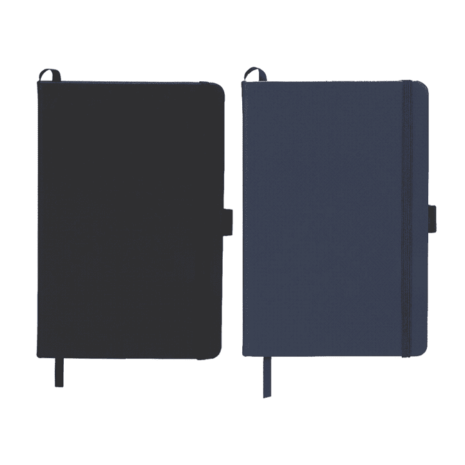 A Pineapple Leather Bound JournalBook in black and navy blue, featuring a logo and an elastic band closure.