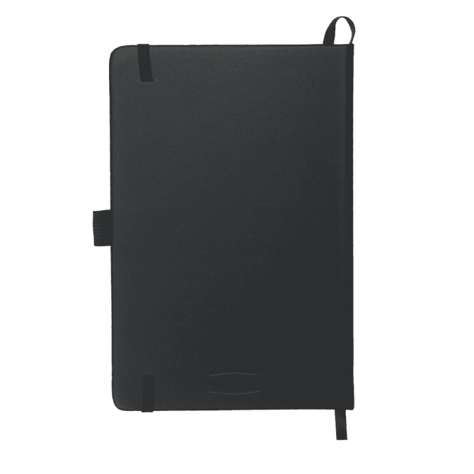 A black leather-bound journal with a textured finish and an elastic closure. Features a branding logo.