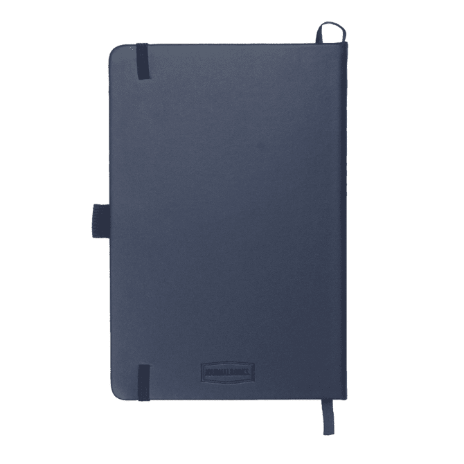A navy blue leather-bound journal with elastic closures and a branding logo on the cover.