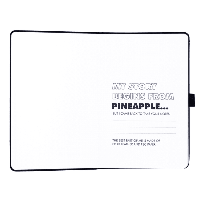 A pineapple leather bound journal with blank pages, featuring a black cover and an interior with printed text.