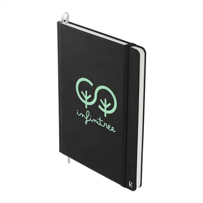 A black hardcover notebook with a green logo design and an elastic band closure. It features a ribbon bookmark.