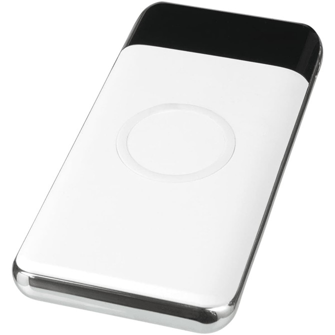 A wireless power bank in white and black with a sleek, reflective silver edge and a circular charger pad.
