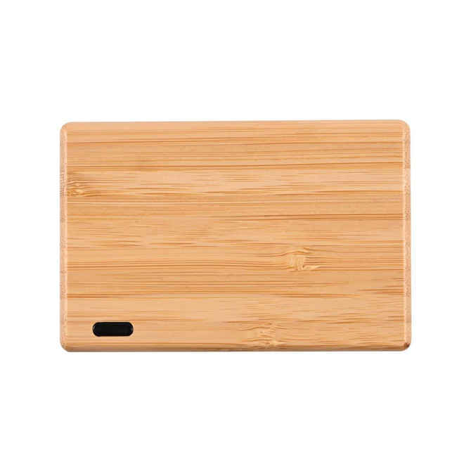 A bamboo power bank with a rectangular design and a single charging port.