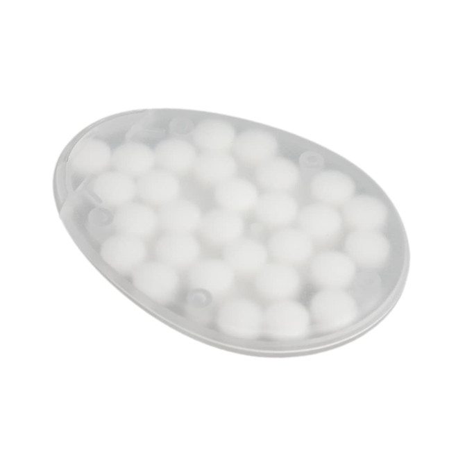 An egg-shaped container filled with sugar-free breath mints. The container is clear with rounded white mints inside.