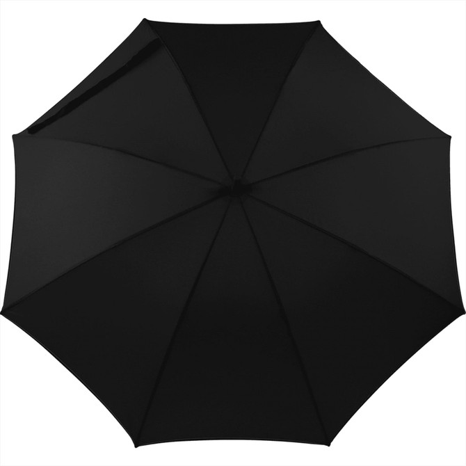 A black umbrella featuring an auto-open mechanism, with a logo positioned on the canopy.