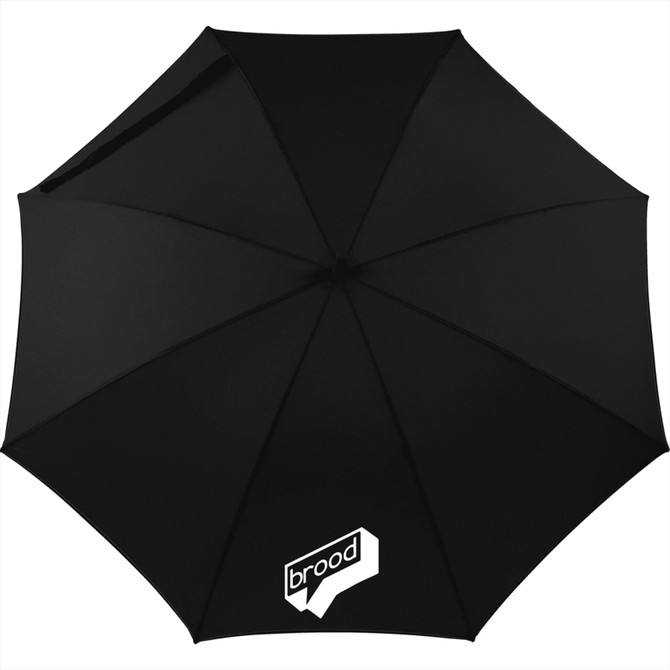 A black auto open fashion umbrella featuring a logo on the canopy. Ideal for leisure and outdoor use.