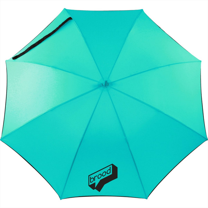A turquoise fashion umbrella with a black trim and a logo on the canopy.