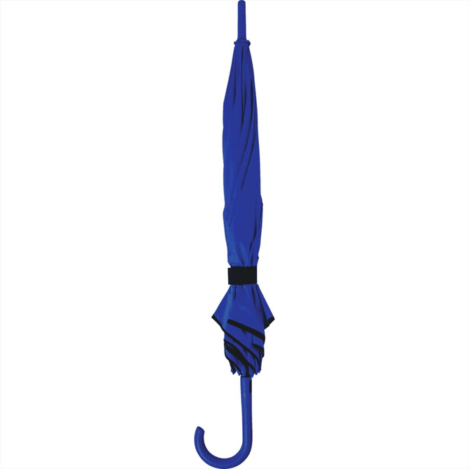 A blue fashion umbrella with an automatic open feature, secured with a strap, featuring a curved handle.