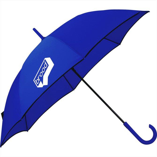A blue fashion umbrella with a curved handle and a logo. Ideal for leisure and outdoor use.
