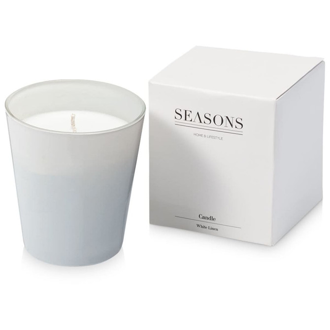 A frosted glass candle in a light blue container with a white lid, accompanied by a matching white box.