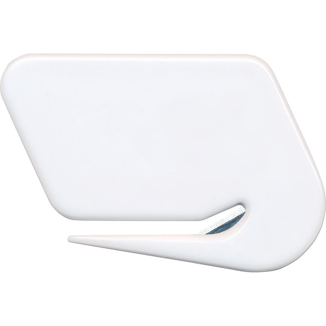 A white letter opener with a sleek design and a steel cutting edge, suited for office use.