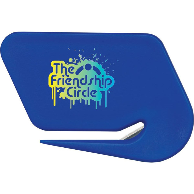 A blue letter opener featuring a logo with a colourful design and a sleek, curved shape.
