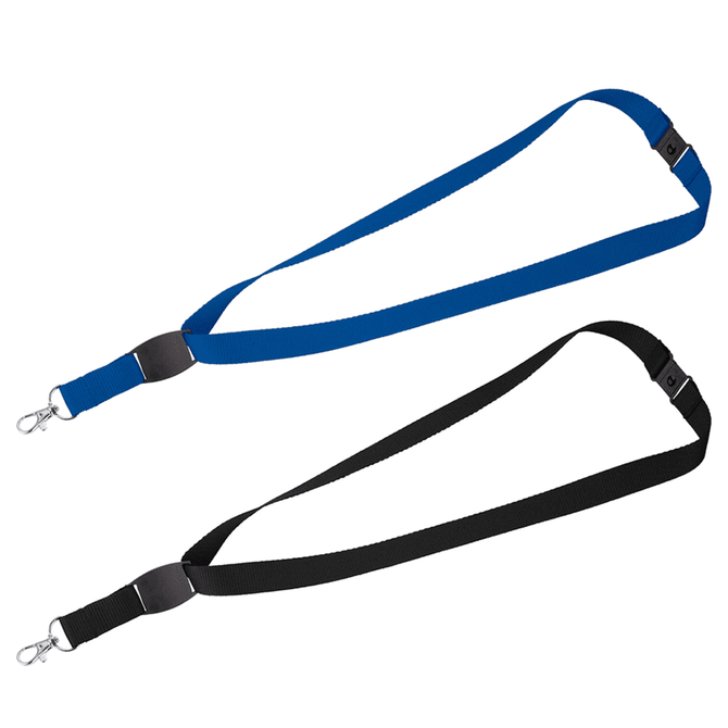 A blue and a black lanyard with flat panels and hooks, suitable for carrying ID badges or keys.