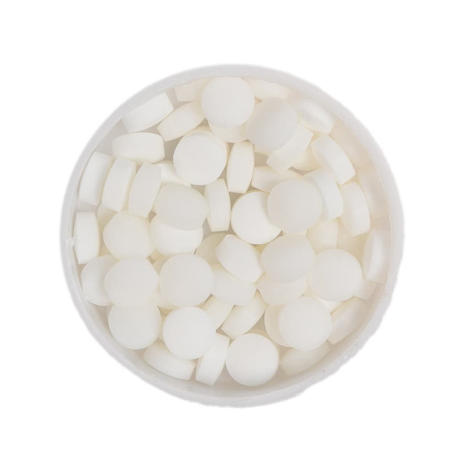 A round tin filled with small, round white mint candies.