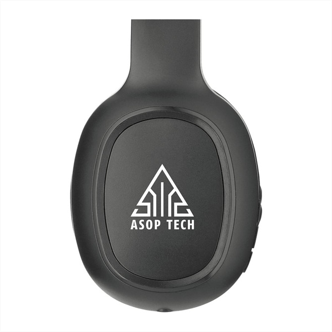 Black wireless headphones with a logo on the side. The design is sleek and modern, featuring a microphone.