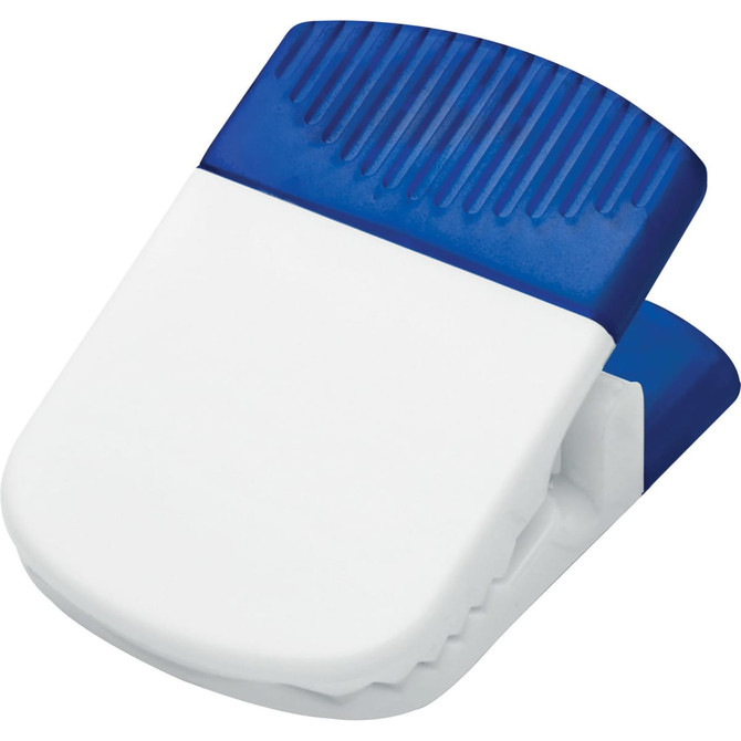 A jumbo magnetic memo holder in white and blue, featuring a textured grip and a strong clip for securing notes.