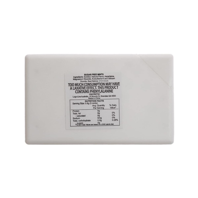 A rectangular package of sugar-free breath mints features nutritional facts and usage warnings on the back.