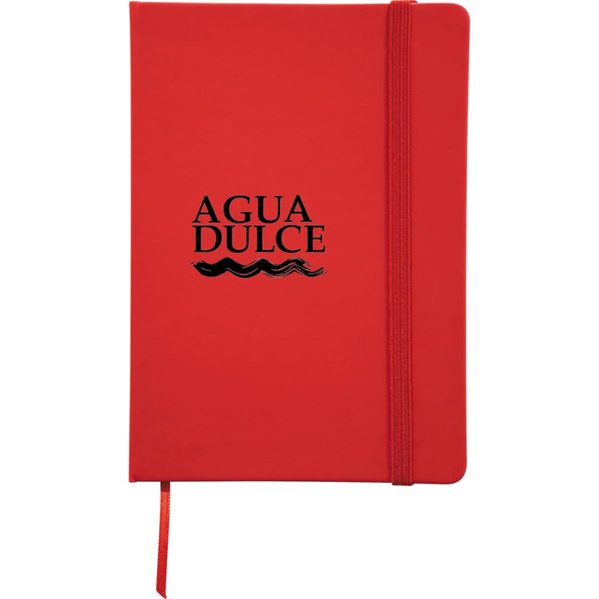 A red 5 x 7 notebook with an elastic closure and a ribbon bookmark, featuring a logo on the front.