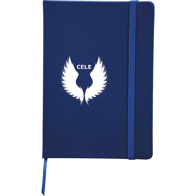A navy blue notebook with a snap elastic closure, featuring a logo on the front and a contrasting elastic band.