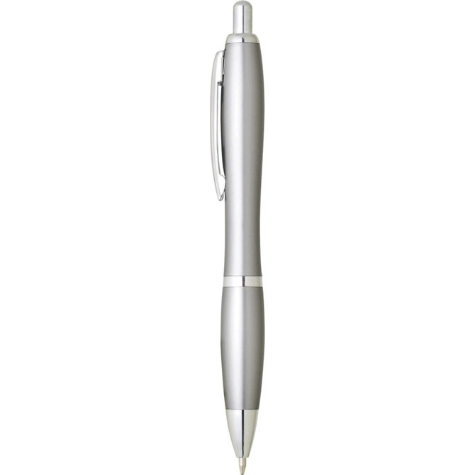 A silver plastic pen with a sleek design and a clip, featuring a logo on the barrel.