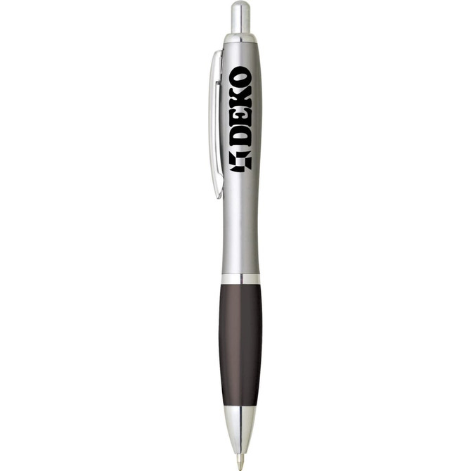 A plastic pen with a silver barrel, black grip, and clip, featuring a logo on the side.