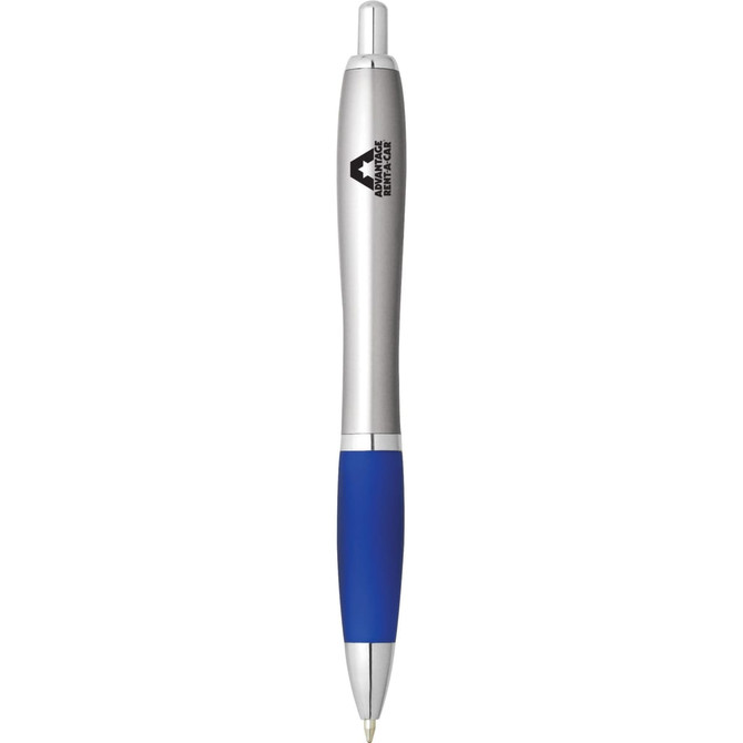 A silver and blue plastic pen with a logo on the barrel.