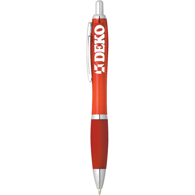 A red plastic pen with a silver clip and a logo on the side. Ideal for writing.