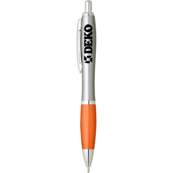 A plastic pen featuring a silver barrel, an orange grip, and a clip, with a logo on the side.