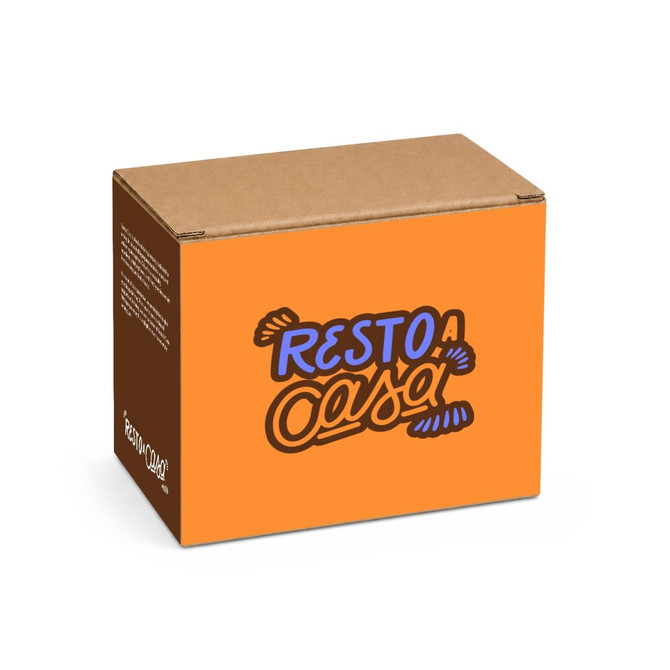 A cardboard box featuring bright orange and brown colours with a logo design.