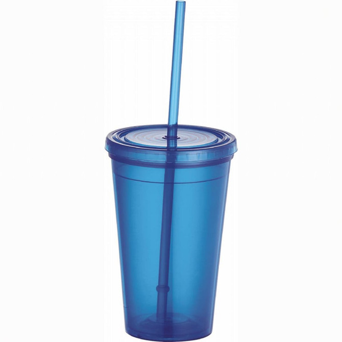 A drink bottle featuring a blue plastic tumbler with a lid and a straw. It includes a logo on the surface.