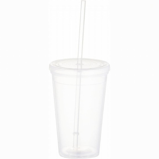 A drink bottle featuring a clear plastic tumbler with a lid and straw, designed for beverages.