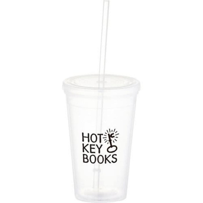 A drink bottle featuring a clear plastic tumbler with a straw and a branding logo.