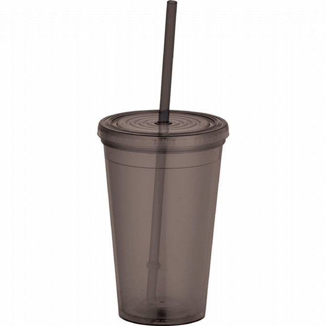 A drink bottle featuring a transparent dark grey design, with a removable lid and a straw included.